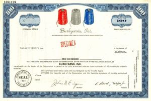 Burkyarns, Inc. - Specimen Stock Certificate