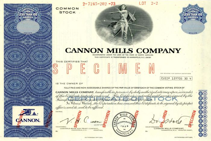 Cannon Mills Co. - Specimen Stock Certificate