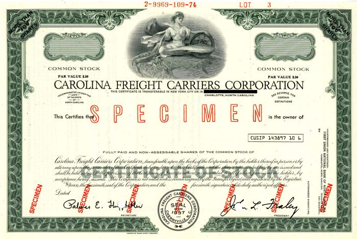 Carolina Freight Carriers Corporation - Specimen Stock Certificate