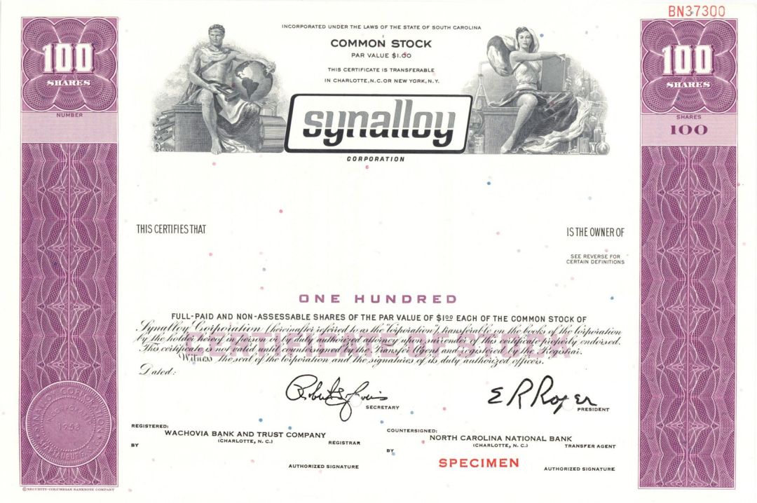Synalloy Corp. - 1958 Specimen Stock Certificate