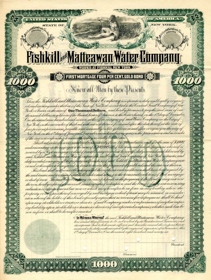 Fishkill and Matteawan Water Co. - $1,000