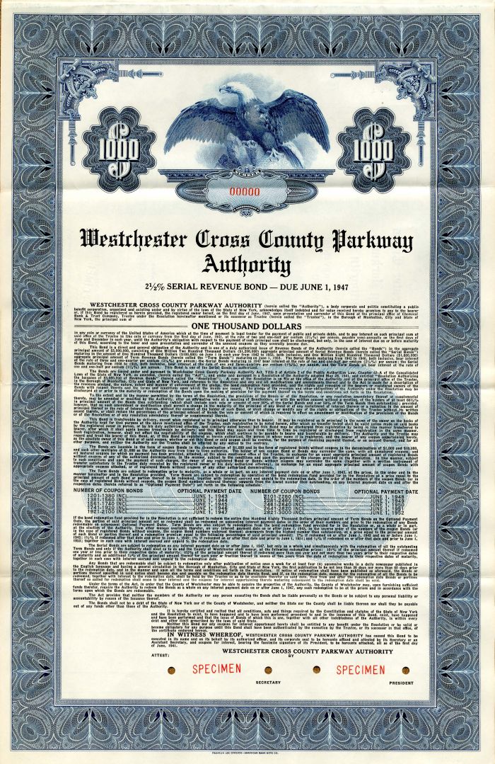 Westchester Cross County Parkway Authority - $1,000 Specimen Bond