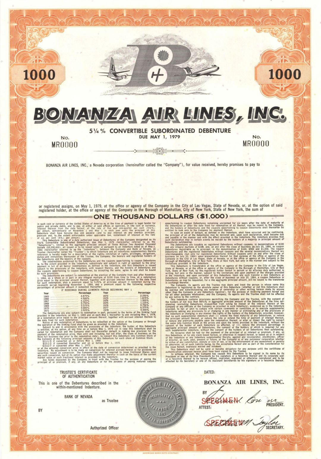 Bonanza Air Lines, Inc. - $1,000 or $500 Specimen Bond