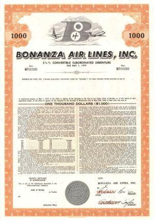 Bonanza Air Lines, Inc. - $1,000 or $500 Specimen Bond