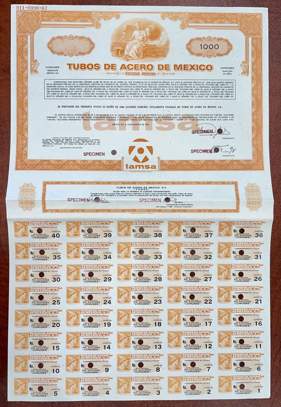 Tubos De Acero De Mexico - 1967 dated Mexican Specimen Stock with Dividend Coupons - Tamsa - TenarisTamsa