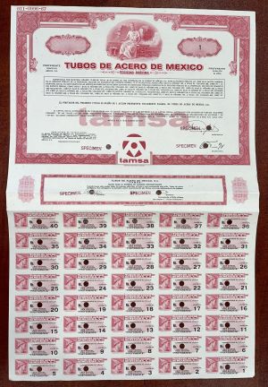 Tubos De Acero De Mexico - 1967 dated Mexican Specimen Stock with Dividend Coupons - Tamsa - TenarisTamsa