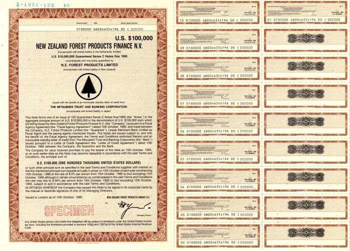 New Zealand Forest Products Finance N.V. -$100,000