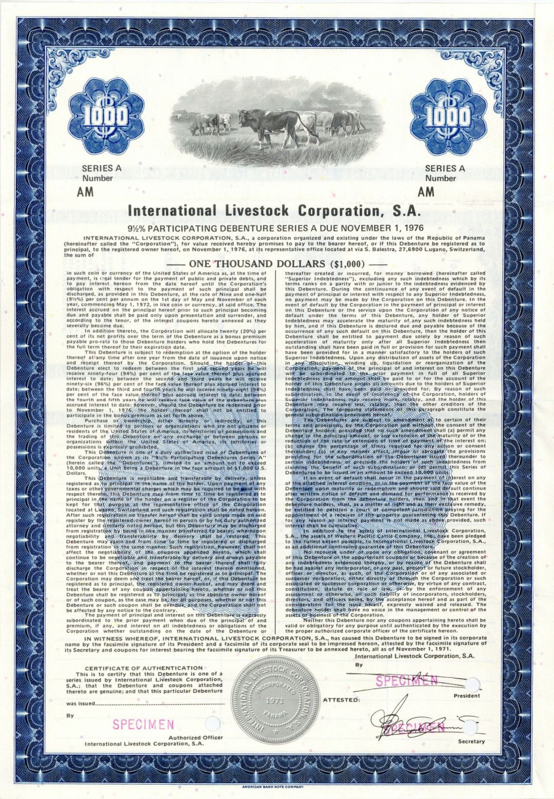 International Livestock Corporation, S.A. - $1,000 or $500 Specimen Bond