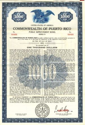 Commonwealth of Puerto Rico - 1958 dated $1,000 Specimen Bond
