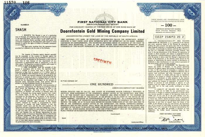 Doornfontein Gold Mining Co. Limited - South Africa Mining Stock Certificate