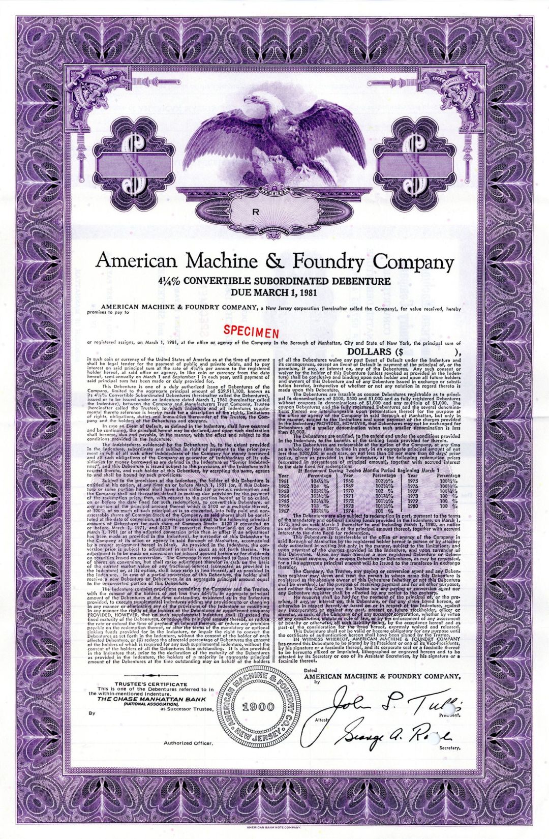 American Machine and Foundry Co. - Specimen Bond