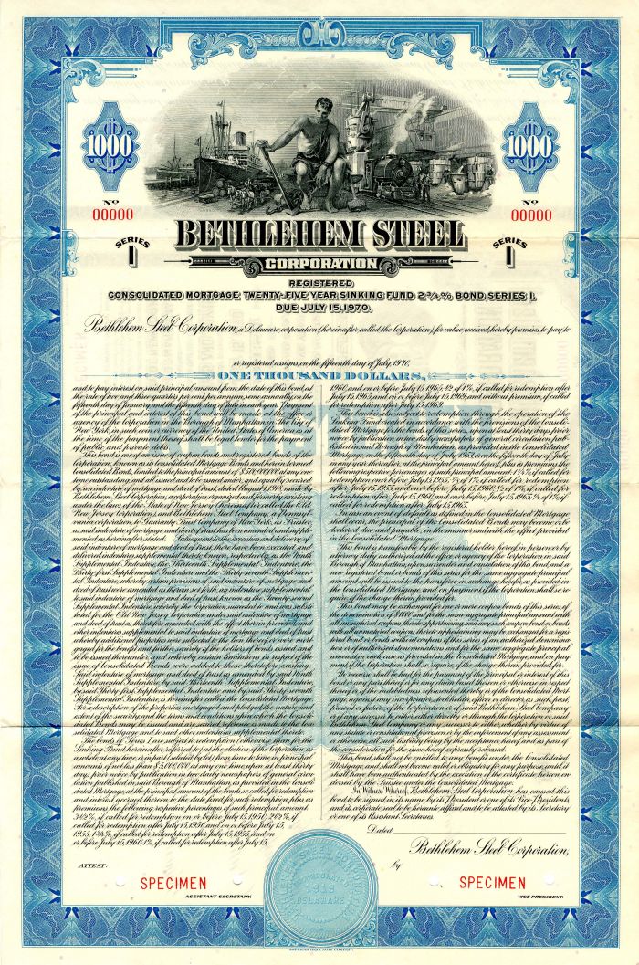 Bethlehem Steel Corporation - $1,000 Specimen Bond
