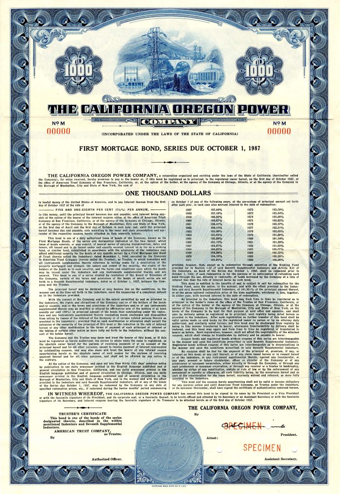 California Oregon Power Co. - $1,000 Specimen Bond