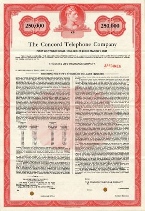 Concord Telephone Co. - $250,000 Specimen Bond