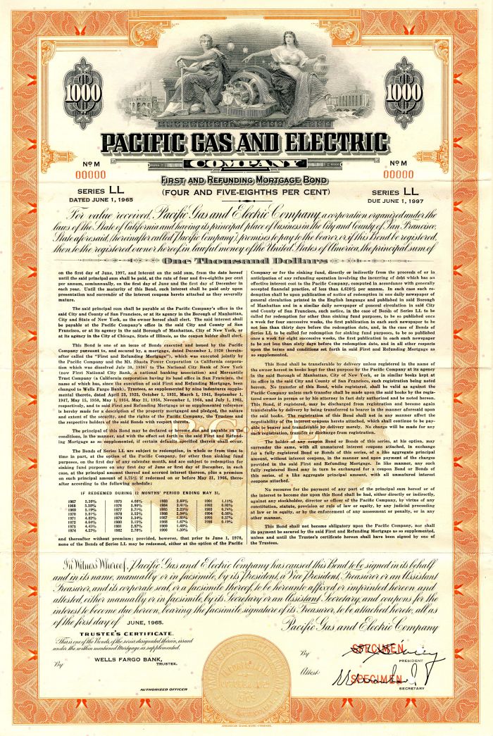 Pacific Gas and Electric Co. - PG&E - $1,000 Utility Specimen Bond