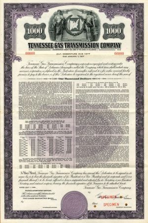 Tennessee Gas Transmission Co. - $1,000 Utility Specimen Bond