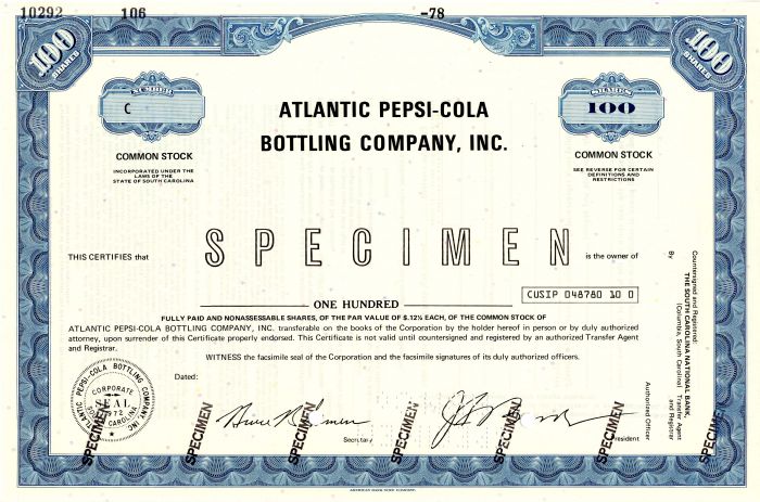 Atlantic Pepsi-Cola Bottling Co., Inc. - Specimen Stock Certificate