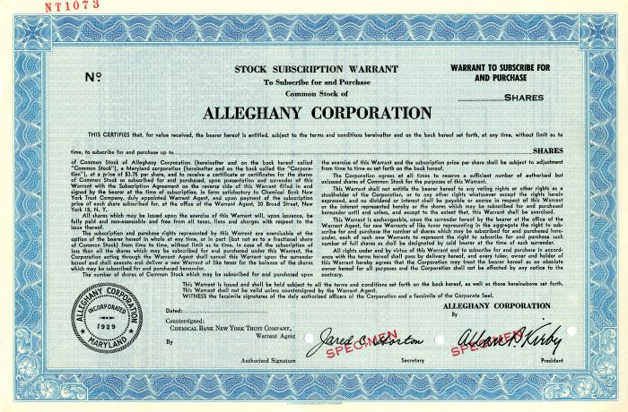 Alleghany Corporation - Specimen Stock Certificate