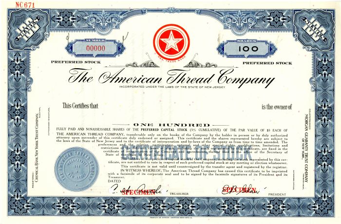American Thread Co. - Specimen Stock Certificate