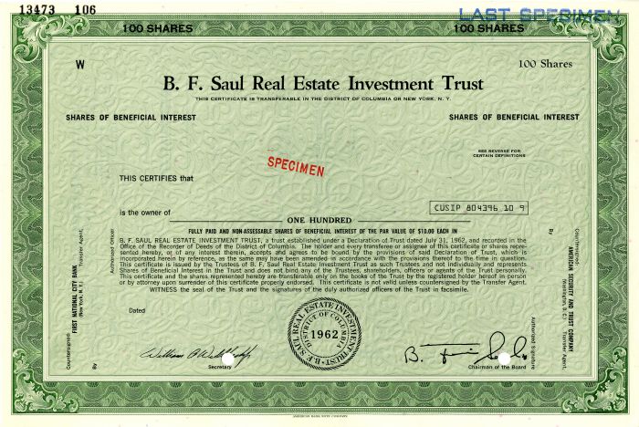 B. F. Saul Real Estate Investment Trust - Specimen Shares of Beneficial Interest Certificate