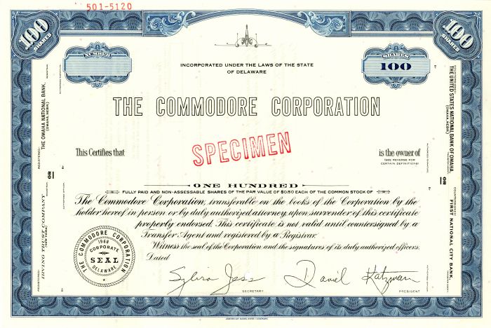 Commodore Corporation - Specimen Stock Certificate