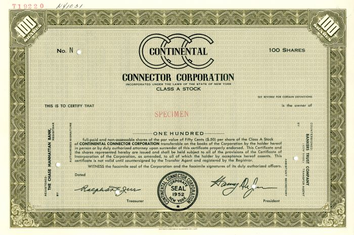 Continental Connector Corporation - Specimen Stock Certificate