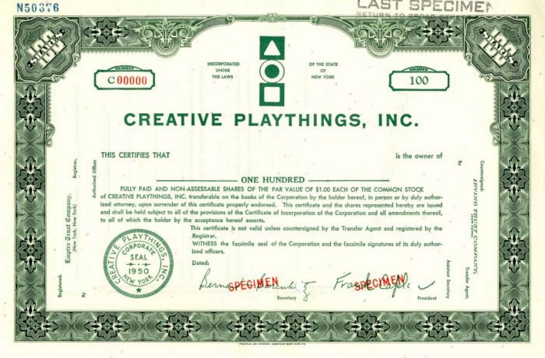 Creative Playthings, Inc. - Specimen Stock Certificate