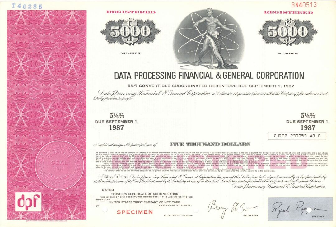 Data Processing Financial and General Corp. - $5,000 1961 dated Specimen Bond