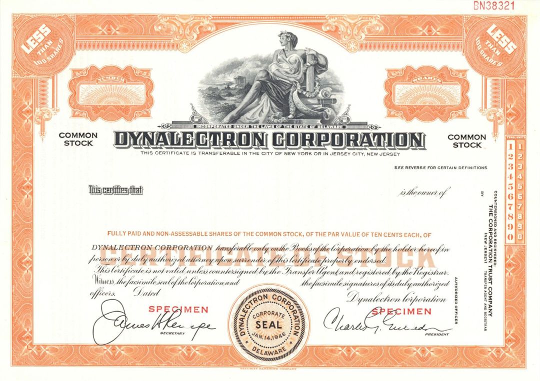 Dynalectron Corp. - Specimen Stock Certificate