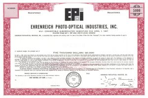 Ehrenreich Photo-Optical Industries, Inc. - 1960's circa Specimen Stock Certificate - Nikon Acquired this Company in 1981