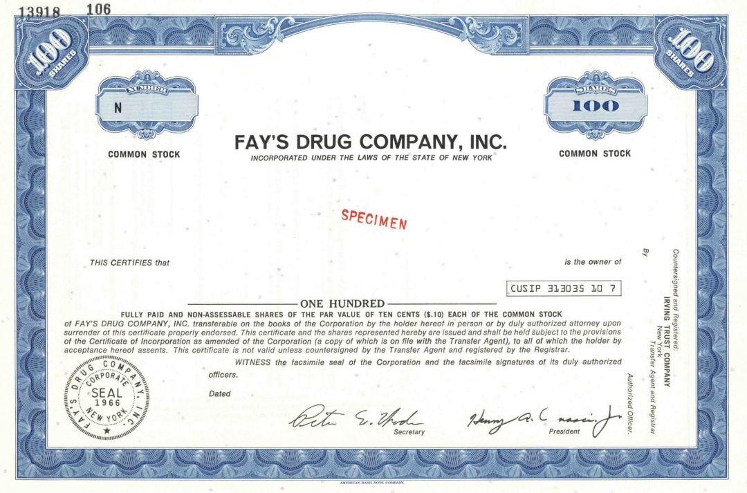 Fay's Drug Co., Inc. - Drug Store Chain - Specimen Stock Certificate