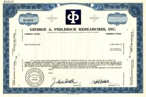 George A. Philbrick Researches, Inc. - Specimen Stock Certificate