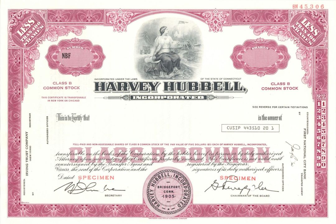 Harvey Hubbell, Inc. - circa 1970's Specimen Stock Certificate