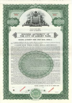 Housing Authority of the City of Asbury Park - $1,000 Specimen Bond