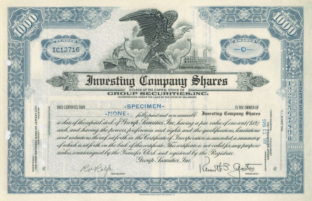Investing Company Shares - Specimen Stock Certificate - A Class of the Capital Stock of Group Securities, Inc.
