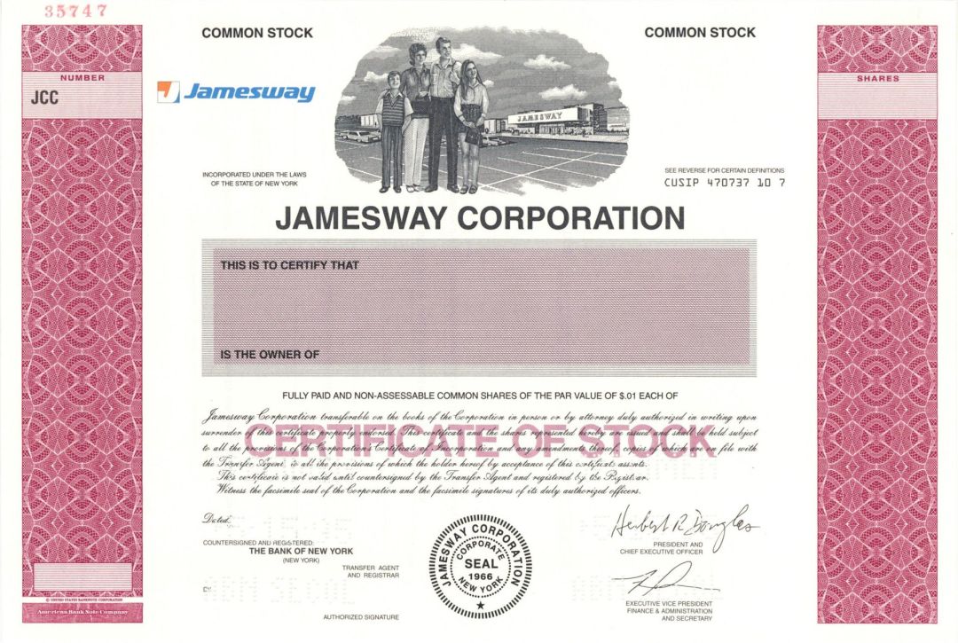 Jamesway Corp. - 1995 Specimen Stock Certificate