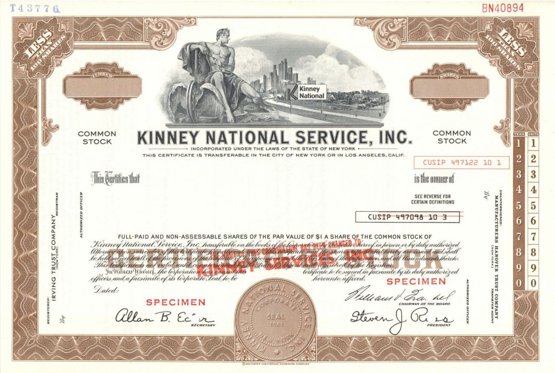 Kinney National Service, Inc. - 1961 dated Specimen Stock Certificate