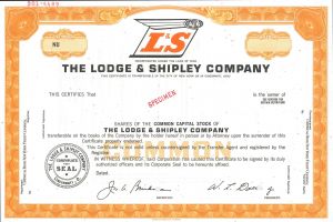 Lodge and Shipley Company - Machine Tools Specimen Stock Certificate