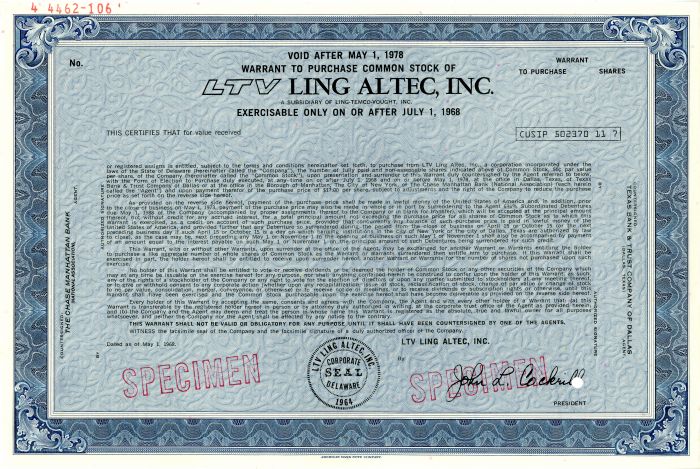 LTV Ling Altec, Inc. - Specimen Stock Certificate