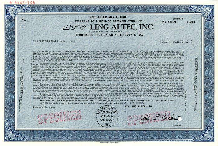 LTV Ling Altec, Inc. - 1968 dated Specimen Stock Certificate - Ling-Temco-Vought