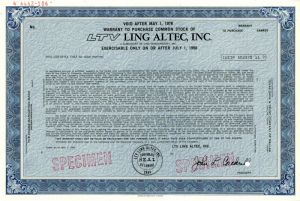LTV Ling Altec, Inc. - 1968 dated Specimen Stock Certificate - Ling-Temco-Vought