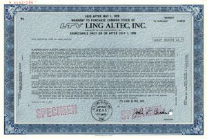 LTV Ling Altec, Inc. - Specimen Stock Certificate