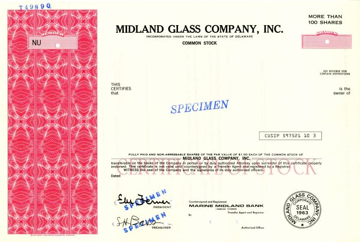 Midland Glass Co., Inc. - Specimen Stock Certificate