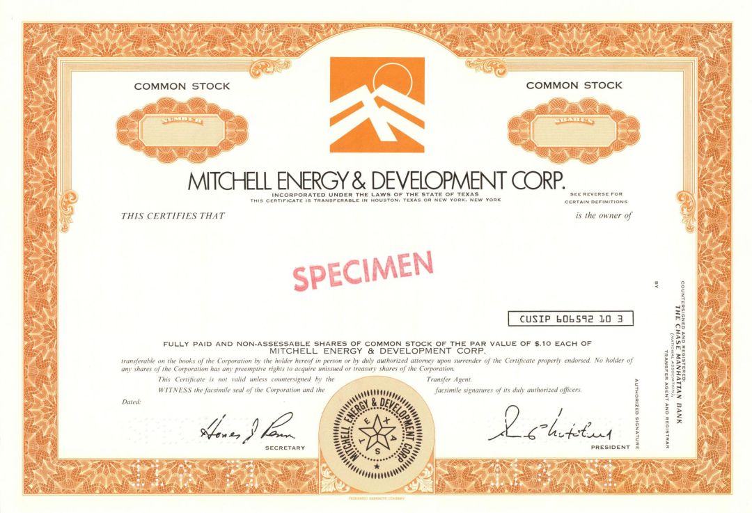 Mitchell Energy and Development Corp. - Specimen Stock Certificate - George P. Mitchell