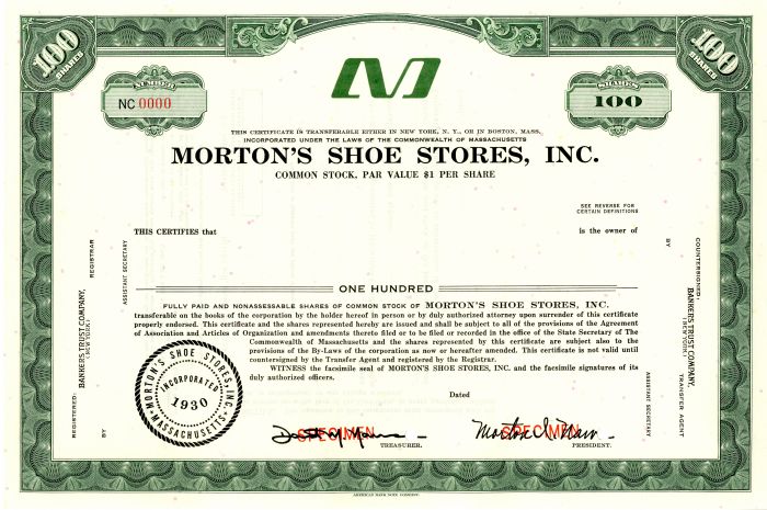 Morton's Shoe Stores, Inc. - Specimen Stock Certificate