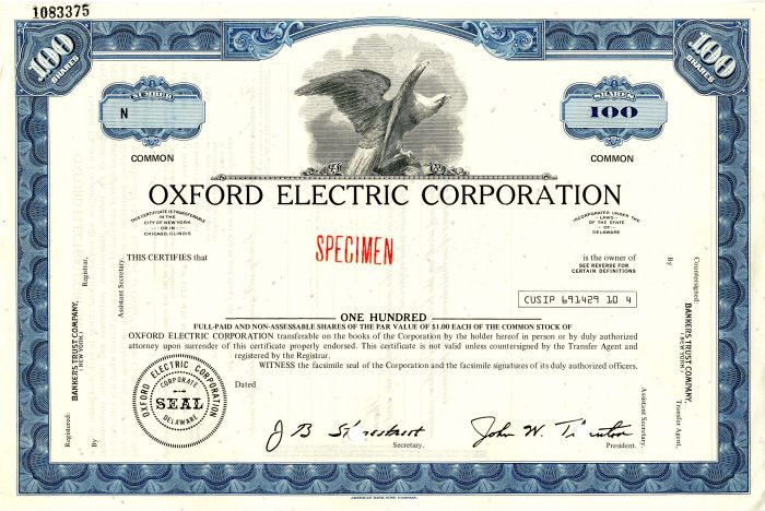 Oxford Electric Corporation - Utility Specimen Stock Certificate