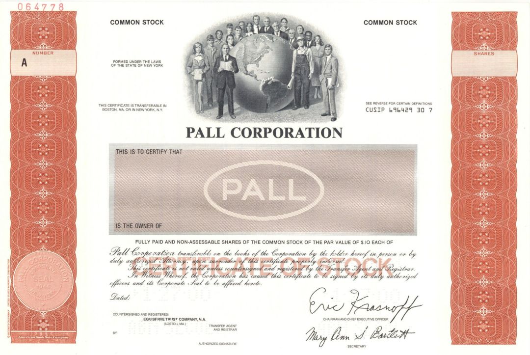 Pall Corp. - 2000 Specimen Stock Certificate