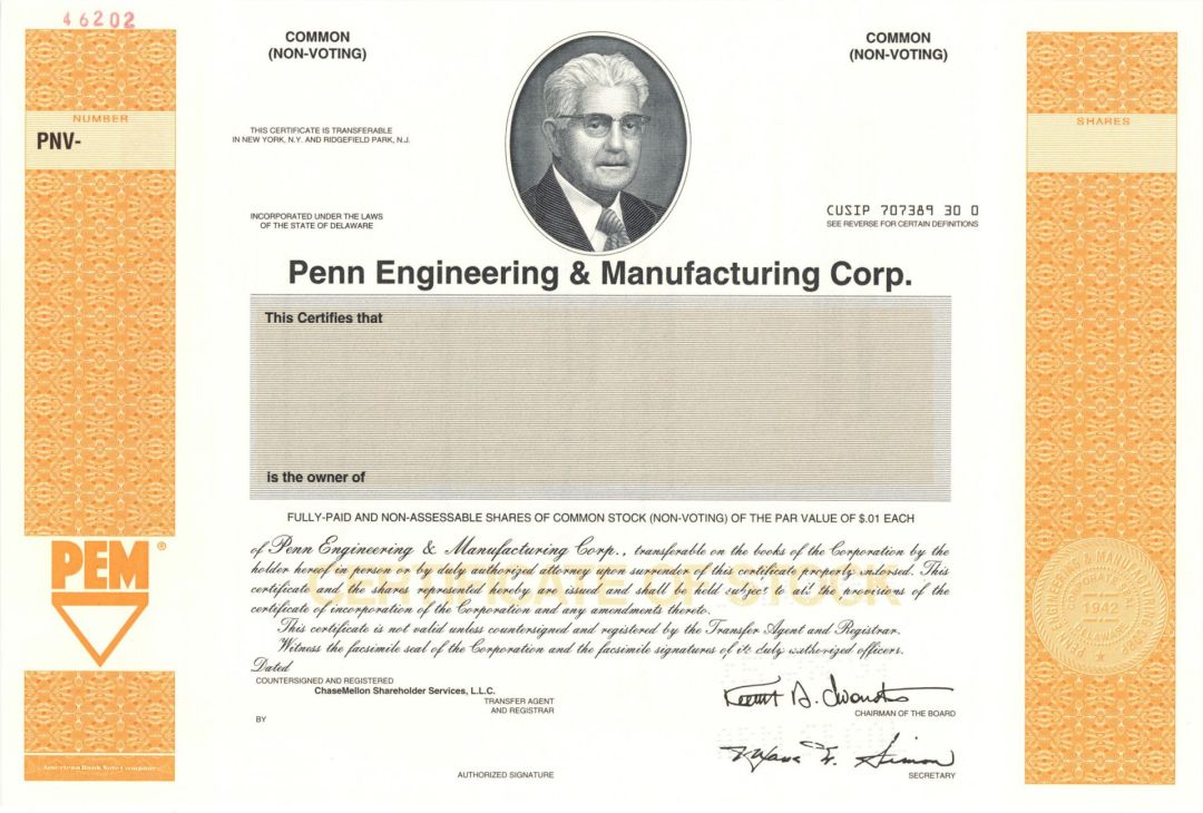 Penn Engineering and Manufacturing Corp. - 1942 Specimen Stock Certificate