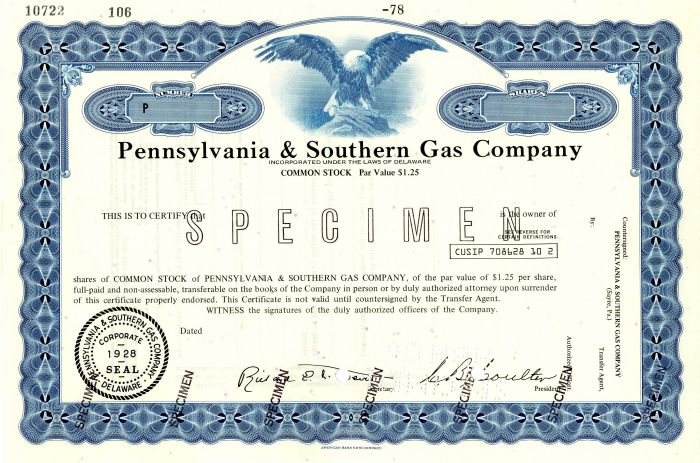 Pennsylvania and Southern Gas Co. - Utility Specimen Stock Certificate