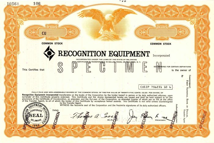 Recognition Equipment - Specimen Stock Certificate